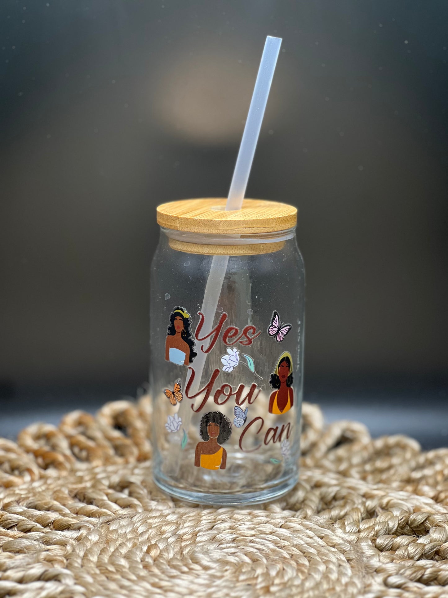 16 0z. Libby Glass Tumbler w/Bamboo Lid & Straw (Yes You Can)